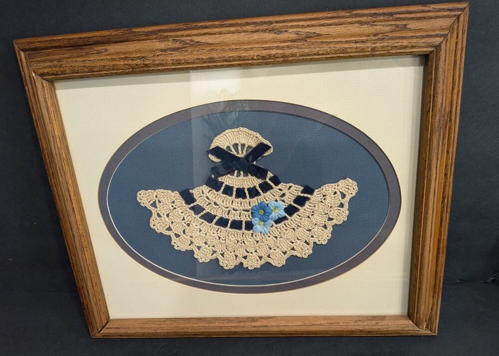 Vintage Framed Crochet Dress Art Textile Craft Blue Floral Cottagecore Feminine